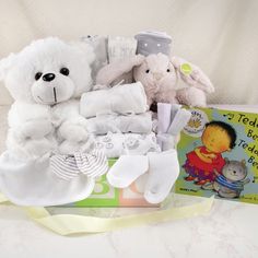 ABC Neutral Gender Gift Box Newborn Mittens, Colorful Basket, Baby Gift Baskets, Sleep Gown, Colorful Baskets, White One Piece, Baby Gift Basket, Receiving Blanket, White Blanket