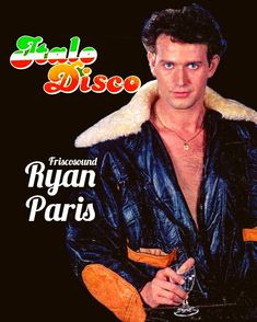 a man wearing a leather jacket and holding a wine glass in his hand with the words salsa disco on it