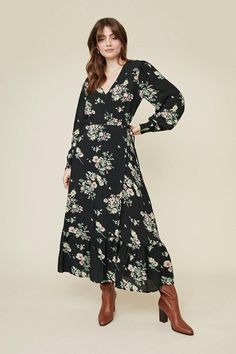 Designed with a beautiful floral print, this wrap maxi dress is an all-year-around hero. Featuring balloon sleeves with shirred cuffs, a flattering wrap neckline and a full, flowing skirt. Long Sleeve Floral Maxi Dress, Business Casual Fall, Oasis Dress, Floral Slip Dress, Wrap Maxi Dress, Oasis Fashion, Wrap Midi Dress, Navy Midi Dress, Dresses Floral