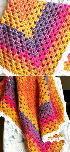 two crocheted blankets sitting on top of each other