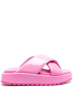 pink calf leather crossover strap detail cushioned insole chunky rubber sole Chic Pink Sandals With Buckle Closure, Pink Slide Sandals With Buckle Closure, Designer Pink Slip-on Sandals, Pink Non-slip Slide Sport Sandals, Denim Slides, Pink Non-slip Beach Slides, Pink Flats, Pink Sandals, Sneaker Wedge