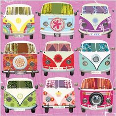 a group of vw buses sitting next to each other on top of a pink background