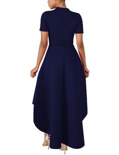 Navy Blue Ruffles Hem Short Front Evening Dress Blue Solid Color Evening Midi Dress, Navy Short Sleeve Midi Dress For Party, Blue High-low Hem Dress For Spring, Blue High-low Hem Midi Dress For Spring, Blue Spring Dress With High-low Hem, Spring Blue Dress With High-low Hem, Blue Midi Dress With High-low Hem For Spring, Fitted Royal Blue Maxi Dress With Short Sleeves, Blue A-line Dress With Ruffle Hem