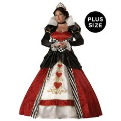 Includes: full length gown with printed heart details and gold trim, hoop and tulle petticoat, velvet jeweled choker and sequin heart tiara. Adult Sizes XXL and XXXL. Color: Red. Red Queen Costume, Queen Of Hearts Halloween, Heart Costume, Queen Of Hearts Costume, Plus Size Halloween Costume, Plus Size Costumes, Queen Costume, Full Length Gowns, Plus Size Halloween