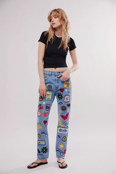 Painted Overalls, Statement Jeans, Plus Size Baddie, Patch Pants, Plus Size Baddie Outfits, Denim Jacket Patches, Jeans Free People, Patched Jeans, Patches Jacket