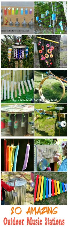 several different pictures with the words 20 amazing outdoor music stations for kids to play in