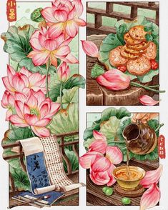 three pictures of flowers and food on a table with chinese writing in the middle one