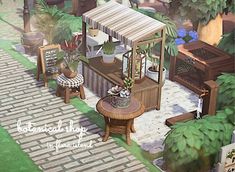 a painting of an outdoor shop with potted plants and stools on the side walk