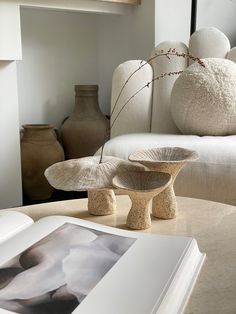 two vases sitting on top of a table in front of a book and photo