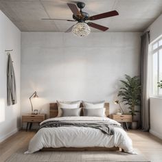 a bedroom with a bed, ceiling fan and two nightstands in front of a window