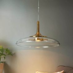 a light that is hanging from the ceiling in a room with a couch and potted plant