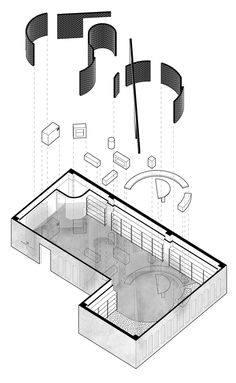 an architectural drawing shows the interior of a building with several different shapes and materials in it