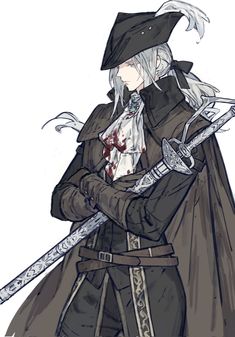 an anime character holding two swords and wearing a long black coat with white hair, in front of a white background