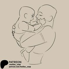 a black and white drawing of a man holding a baby in his arms with the caption, patron