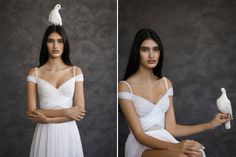 two pictures of a woman in white dress with a bird on her head, and another photo of the same woman