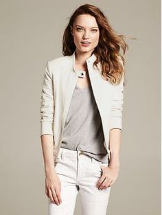 Perforated White Leather Jacket | Banana Republic Sleek White Outerwear For Work, White Leather Jacket For Spring Workwear, White Chic Leather Jacket For Work, White Fitted Chic Leather Jacket, Spring White Leather Jacket For Work, Spring Leather Jacket With Zip Cuffs For Work, Classic White Leather Jacket For Spring, White Zipper Closure Outerwear For Work, White Biker Jacket With Zipper For Spring