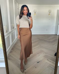 Nellie Satin Midi Skirt - Bronze curated on LTK Midi Satin Skirt Outfit, Silk Midi Skirt Outfit, Skirt Outfits Dressy, Satin Midi Skirt Outfits, Satin Midi Skirt Outfit, Mid Skirt Outfits, Midi Skirt Outfit Winter, Skirt Outfit Fall