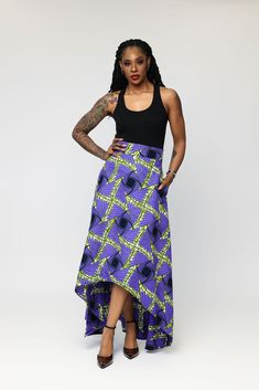 Chioma high-low African Print Skirt African Print Outfits, Black And White Models, Sophisticated Office, Embroidered Dresses, Wardrobe Styling, African Print Skirt, Graceful Movement, African Print Clothing, African Inspired Fashion