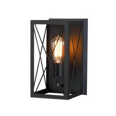 an outdoor wall light with a bulb on the front and side panel, in black