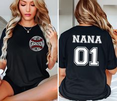 Baseball Nana T-shirt, Personalized Baseball T-shirt for Grandma, Custom Baseball T-shirt Front and Back,Baseball Grandma Gift,Gift for Nana ❀DETAIL❀ For printing, we use Bella Canvas and Gildan SoftStyle brand shirts, which are the best in the industry. *Bella Canvas -unisex size -4.2 oz. -Solid colors are 100% Combed Cotton and Ring-Spun Cotton. -Athletic Heather 90% Combed and Ring-Spun Cotton, 10% Polyester -All Heather CVC Colors 52% Combed and Ring-Spun, 48% Polyester *Gildan SoftStyle -un Black T-shirt For Baseball Season Fan Apparel, Black Baseball Fan Apparel T-shirt, Black Tops With Name Print For Baseball Season, Black T-shirt With Name Print For Fans, Black Tops For Baseball Season Fan Merchandise, Black Graphic Tee For Baseball Season, Black Graphic Tee For Baseball, Black Short Sleeve Top With Name Print, Black Crew Neck Top For Baseball Season