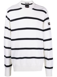 striped knitted jumper from PAUL & SHARK featuring virgin wool, knitted construction, horizontal stripe pattern, crew neck, long sleeves, ribbed cuffs, ribbed hem and off-white/navy blue. Paul Shark, Knitted Jumper, Knit Jumper, Striped Knit, Stripes Pattern, Crew Neck Sweater, Jumper, Navy Blue, Off White