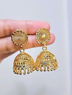 22k Real Dubai Gold Finish Small Dangling Jhumka Earrings.  *Simple - Lightweight- cute 😍, *Size:  Drop Length 3.6 Cm and umbrella jhumkas width each 2.1Cm. * Best For everyday wear but maintain our jewelry Care guidelines. ●SAME Day Shipping if you place order between  1 am to 1 pm.  ● Ships Next working day from New York city with USPS standard 3-5 working day delivery service.  ● Free Shipping Over $35 Shopping. ● Everyday Wear Convince Earrings for Gold Lovers. ● Handmade and Finished Simpl Luxury Yellow Gold Jhumkas As Gift, Affordable Gold Jhumkas For Wedding, Luxury Gold Jhumkas As Gift, Cheap Gold Jhumkas For Pierced Ears, Luxury Gold Jhumkas For Eid, Luxury Gold Plated Jhumkas As A Gift, Cheap Gold Wedding Jhumkas, Cheap Elegant Gold Jhumkas, Cheap Gold Jhumkas