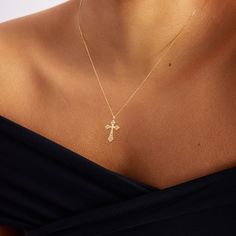 "1- P R O D U C T ∙ D E S C R I P T I O N This 14k gold cross necklace is a beautiful and timeless piece of jewelry, perfect for everyday wear or special occasions. The 14k gold material offers a stunning shine and durability, ensuring that this necklace will last for years to come. The cross design adds a touch of elegance and spirituality, making it a thoughtful gift for anyone who values faith. 2- P R O D U C T ∙ D E T A I L S Diamond quality: * Diamond carat: 0.06 ct. * Clarity: SI2 * Color: Diamond Crucifix Cross Necklace In Yellow Gold, 14k Gold Diamond Cut Cross Necklace, Fine Jewelry Cross Necklace For Anniversary, Diamond Cut Cross Necklace As Gift, Gift Cross Necklace With Diamond Cut, Elegant White Gold Cross Charm, Fine 14k Gold Cross Jewelry, Elegant White Gold Cross Jewelry And Charms, Fine Jewelry 14k Gold Cross Pendant Necklace