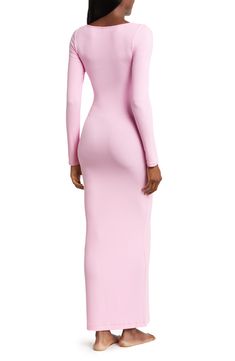 Fitted Solid Midi Dress For Loungewear, Fitted Ribbed Maxi Dress, Spring Seamless Maxi Dress, Fitted Seamless Maxi Dress For Spring, Seamless Fitted Maxi Dress For Spring, Fitted Full Length Loungewear Dresses, Fitted Full Length Dress For Loungewear, Spring Stretch Maxi Dress With Straight Neckline, Stretch Seamless Solid Maxi Dress