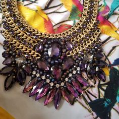 Purple Crystal Bib Necklace Gold Chain Edging Purple Stone Detail Gold Hardware Weddings, Church, Target Lol Never Worn, Nwot Purple Party Jewelry, Elegant Purple Necklace For Party, Purple Jeweled Necklace, Purple Costume Jewelry For Party, Purple Jeweled Necklace For Party, Glamorous Purple Jewelry For Party, Purple Costume Jewelry For Wedding, Glamorous Purple Party Jewelry, Purple Amethyst Jeweled Necklaces