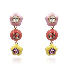 Introducing our vibrant Multi-Color Floral Enamel Earrings adorned with faceted glass floral stones, a delightful fusion of pink, coral, and pale yellow enamels that elevate any ensemble with their lively charm. These earrings are designed for versatility and style, offering numerous ways to wear them to suit various occasions.  Crafted with intricate floral enamel designs and accented with faceted glass stones, these earrings showcase a blend of colors that create a cheerful and eye-catching ap Pink Enamel Flower-shaped Jewelry, Multicolor Enamel Earrings For Party, Pink Enamel Earrings For Party, Pink Enamel Jewelry For Party, Pink Enamel Jewelry With Matching Earrings, Pink Enamel Flower-shaped Earrings, Pink Flower-shaped Enamel Earrings, Pink Flower Enamel Earrings, Pink Enamel Party Jewelry