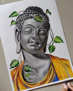 a drawing of a buddha with green leaves on it's head and eyes closed