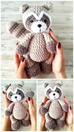 crocheted raccoon stuffed animal is shown in three different pictures, including the front and back