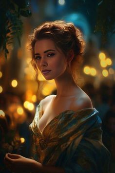 a painting of a woman in an evening dress with lights behind her and the background is blurry