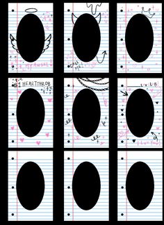 four pieces of lined paper with black circles