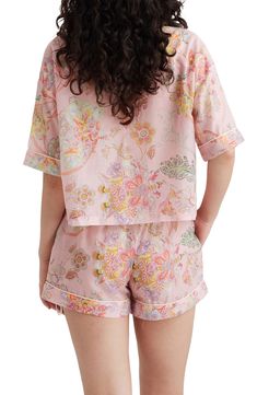 Bountiful blooms cover this silk-kissed PJ set composed of a cropped, boxy top and matching elastic-waist boxer shorts. Top has front button closure; notched collar; short sleeves Bottoms have elastic waist; side-seam pockets 70% cotton, 30% silk Machine wash, line dry Imported Summer Floral Print Daywear Sets, Spring Sleepwear Sets With Short Sleeves, Spring Daywear Short Set, Floral Print Relaxed Fit Sets With Short Sleeve, Floral Print Short Sleepwear For Lounging, Floral Print Short Sleepwear For Loungewear, Floral Print Sleep Sets With Short Sleeve, Floral Print Short Sleeve Sleep Top, Floral Print Short Sleeve Sleep Set