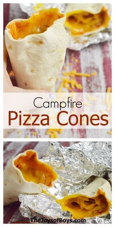 the campfire pizza cones are stuffed with cheese and then baked in foil to look like they're out of the oven