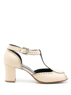 off white leather mid block heel buckle-fastening ankle strap T-bar strap peep toe Cream Patent Leather Heels, Medium Width, Thick Heels, Pump Shoes, White Leather, Lalique, Heeled Mules, Mule Shoe, Block Heels, Ankle Strap