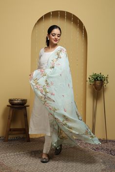 The Outstanding floral Printed Linen Dupatta brightens up your look. This fabric has a calming appearance and a traditional look due to floral & pichwai prints. The dupatta is digitally printed, the contrasting border & tassels add more grace to it. Our linen dupatta can be worn with any of your suits to create a stunning and appealing appearance. Wear this dupatta in a unique way for any occasion!   Fabric - This dupatta is comprised of 100% pure linen cotton, which is light yet classy to offer Cotton Floral Print Dupatta For Festivals, Floral Print Cotton Dupatta For Festivals, Cotton Dupatta With Floral Print For Festivals, Cotton Floral Print Dupatta For Diwali, Spring Dupatta With Floral Embroidery, Spring Anarkali Set With Straight Kurta And Dupatta, Spring Kurta With Sheer Dupatta In Chanderi, Cotton Floral Print Dupatta For Eid, Spring Chanderi Kurta With Sheer Dupatta