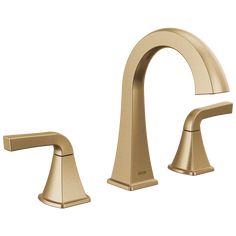 two handle bathroom faucet in brushed brass finish with matching handles and side spray