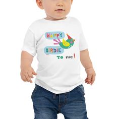 Happy Birdie to you!  Makes an adorable photo for a first birthday party!  Great shirt for a bird birthday party theme! It's never too early to look great! So get your baby this short sleeve cotton jersey tee that's not only stylish, but also comfy, durable, and easy to clean. It's a classic that's bound to become the most loved item in your baby's wardrobe.  * Solid colors are 100% combed ring-spun cotton * Heather colors are 52% combed ring-spun cotton, 48% polyester * Fabric weight: 4.2 oz/yd Playful Short Sleeve T-shirt For First Birthday, Funny First Birthday T-shirt, Playful Funny Print T-shirt For First Birthday, Baby Girl Shorts, Personalized Baby Boy, Personalized Baby Girl, Baby 1st Birthday, Organic Cotton Baby, Baby Shorts