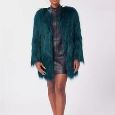 This Gorgeous Faux Fur Jacket Is Quite Amazing And Runway Ready. Heads Will Turn This Holiday Season When You Walk In The Room With This Stunner On. Nwot. Never Worn. Free Teal Cashmere Hat Will Be Sent With The Jacket Upon Purchase Because It Matches And Belongs With The Coat Faux Fur Outerwear For Fall Party, Fluffy Fur Coat For Fall Party, Fall Long Coat With Feather Trim, Long Coat With Feather Trim For Fall, Long Feather Trim Coat For Fall, Winter Party Outerwear With Feather Trim, Fall Faux Fur Outerwear With Feather Trim, Winter Long Sleeve Outerwear With Feather Trim, Green Faux Fur Trim Coat For Fall