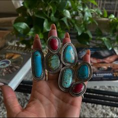 Follow My Ig- Empyreal_creations To View All My Jewelry! The Price Is For One Ring. All Are Available Unless Noted Otherwise. Please Ask Me To Change The Price To The Ring You Want. New All Turquoise Are 159$ Each. Coral Are 69$ Each Massive Genuine Turquoise Nuggets Or Blood Red Coral. Solid 925 Sterling Silver. Artisan/Silversmithed In California! Pointer Finger : Long Blue Nevada Turquoise Size 7 Middle Finger : Turquoise Size 6 Middle Finger : Coral Size 9 Ring Finger Bottom : Nevada Turquoise Size 8.5 Ring Finger Top : Turquoise Size 7 Pinky : Coral Size 8 Pinky: Nevada Turquoise Size 7 Custom Order Sizes On The Coral Rings Are Available For Any Size. Please Messa Coral Rings, Coral Ring, Blood Red, Turquoise Rings, Genuine Turquoise, One Ring, Ring Finger, Red Coral, Womens Jewelry Rings