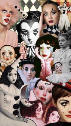 a collage of women with clown makeup and hair