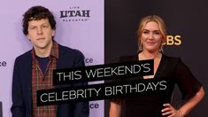 a man and woman standing next to each other in front of a purple background with the words this weekend's celebrity birthdays