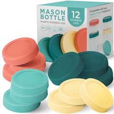 mason bottle lids in various colors and sizes are shown next to the box for each product