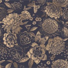 an image of flowers and butterflies on a dark background with gold foil effect, suitable for wallpaper or fabric