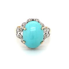 Item Details: This ring features a bright blue Persian turquoise stone with accent diamonds. The turquoise is set in 4 prongs and has beautiful diamond accent detailing and subtle etching on the gallery. The contrast between white and yellow gold against the diamonds and turquoise is a lovely touch!   Circa: 2000s Metal Type: 14k white gold Weight: 5.3g Size: US 8, resizable   Payment & Refund Details: *More Pictures Available on Request* Payment via Visa/Mastercard/Discover/AmericanExpress, che Luxury Yellow Gold Turquoise Ring With Accent Stones, Luxury Formal Blue Turquoise Ring, Luxury Turquoise Diamond Ring, Formal Turquoise Diamond Ring With Gemstone, Blue Diamond Cabochon Ring, Blue Diamond Ring With Cabochon Cut, Blue Cabochon Diamond Ring, Formal Turquoise Diamond Ring, Formal Fine Jewelry Turquoise Diamond Ring