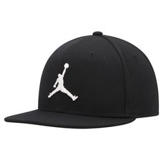 Your style leaps above contenders with this Jordan Brand Pro hat. It features the iconic Jumpman in raised embroidery for a 3D-like effect. This solid snapback is easy to adjust for the ideal fit. Breathable Snapback Baseball Cap With Adjustable Fit, Breathable Snapback Hat With Flat Brim For Sports Events, Breathable Adjustable Snapback Baseball Cap, Breathable Flat Brim Snapback Hat For Sports Events, Sporty Outdoor Fitted Hat With Flat Brim, Sports Flat Cap For Baseball Season, Black Breathable Flat Cap, Sporty Flat Cap Fitted Hat For Sports, Black Flat Brim Fitted Hat For Sports