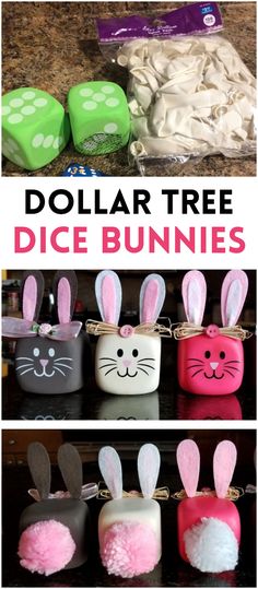 dollar tree dice bunnies with bunny ears on them and the words dollar tree dice bunnies