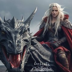 a woman riding on the back of a dragon next to a man in red cape